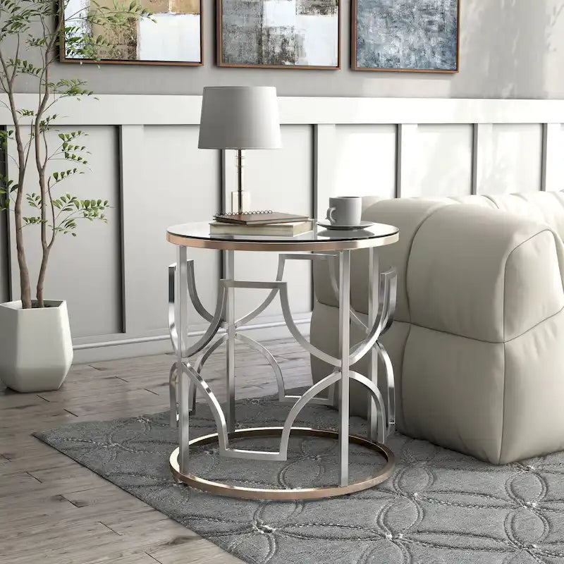 Table d'appoint ronde moderne chromée et dorée – Plateau en verre trempé de 5 mm, touche d'élégance pour salon