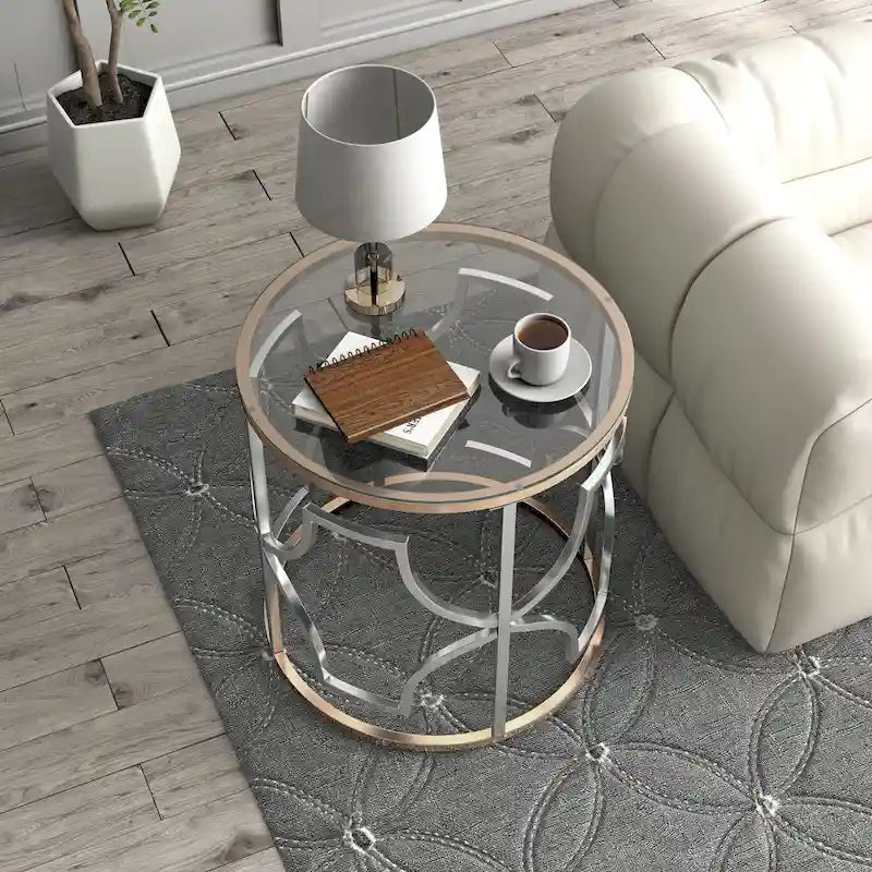 Table d'appoint ronde moderne chromée et dorée – Plateau en verre trempé de 5 mm, touche d'élégance pour salon