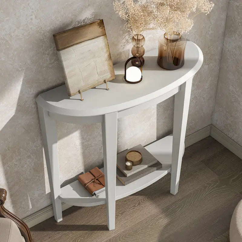 Console demi-lune contemporaine avec étagère inférieure – 3 coloris, MDF