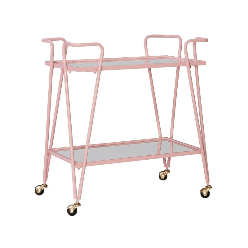 Chariot de bar roulant à 2 niveaux en métal Mid-Century avec étagères miroirs