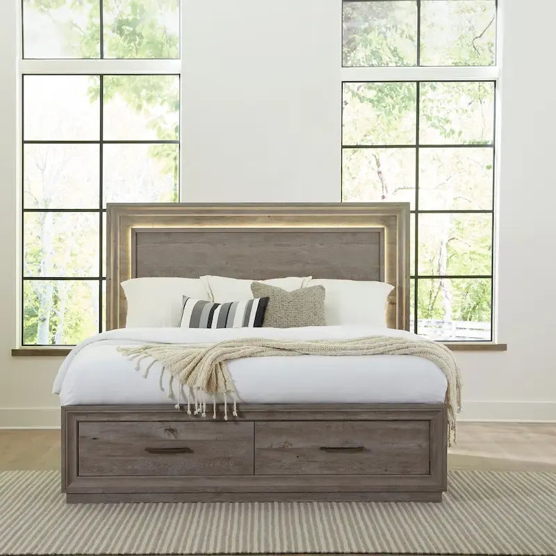 Lit de rangement King avec finition Greystone – Lit plateforme avec tiroirs intégrés