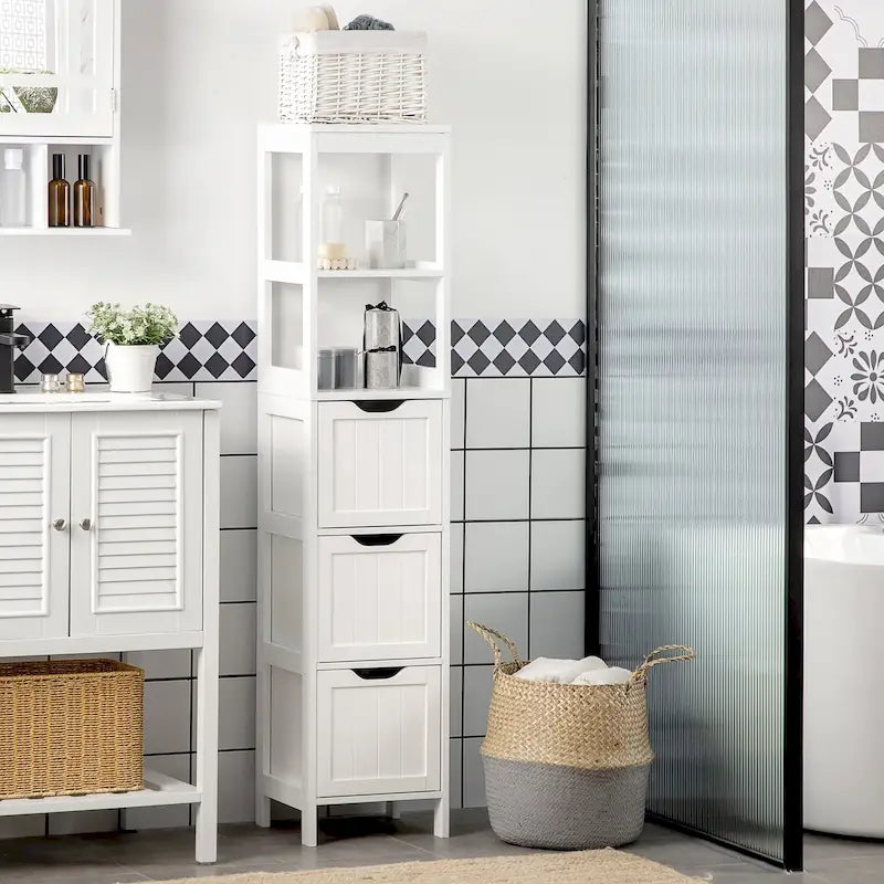 Meuble de salle de bain étroit avec 3 tiroirs et étagère à 2 niveaux – Colonne de rangement mince sur pied