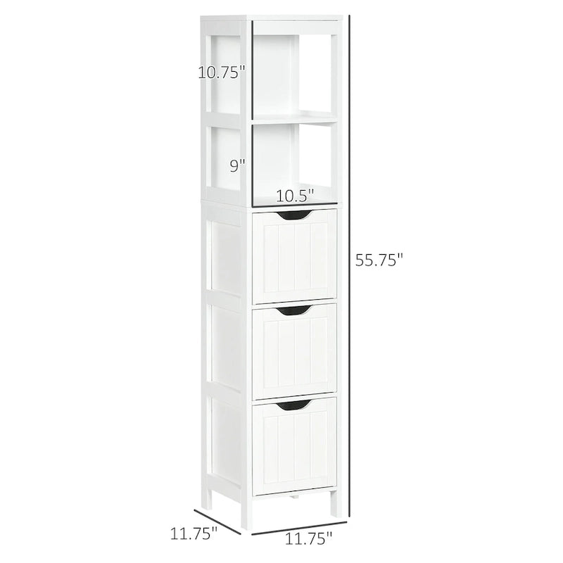 Meuble de salle de bain étroit avec 3 tiroirs et étagère à 2 niveaux – Colonne de rangement mince sur pied