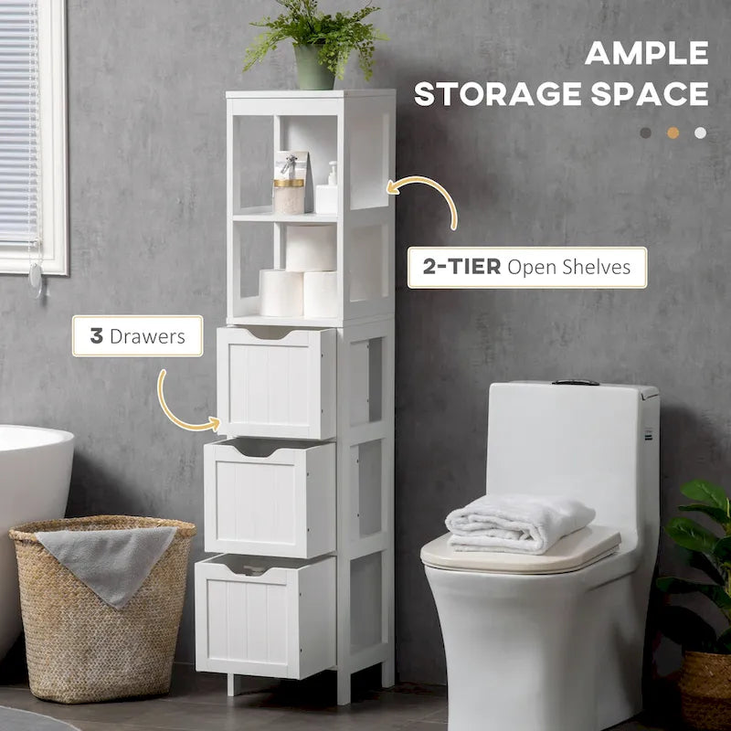 Meuble de salle de bain étroit avec 3 tiroirs et étagère à 2 niveaux – Colonne de rangement mince sur pied
