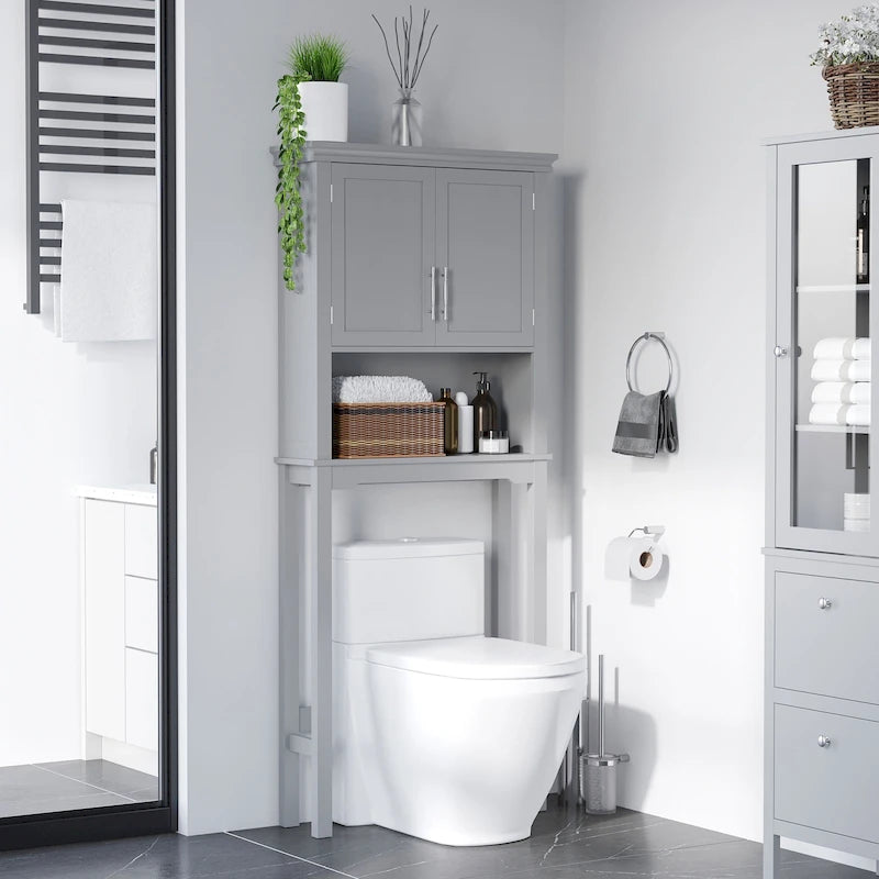 Meuble de rangement pour toilettes avec deux portes shaker – Gris, 28Lx8Px65H