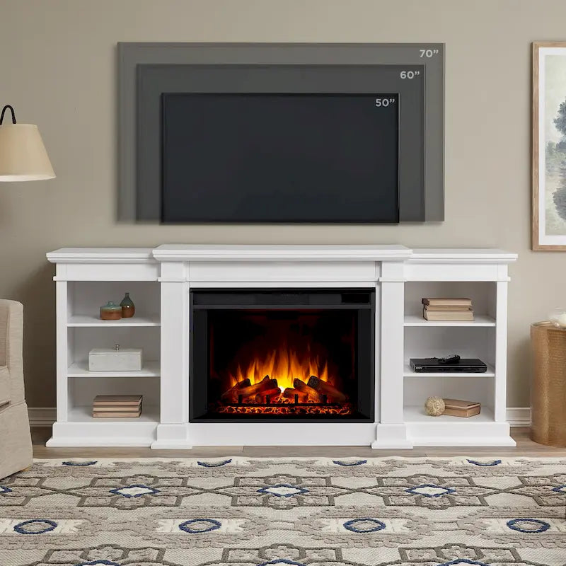 Meuble TV avec cheminée électrique de 81 po – Blanc, 6 couleurs de flammes, chauffe 93 m²