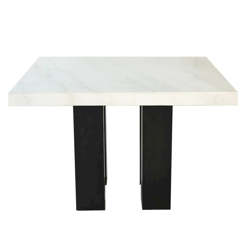 Table à manger carrée de 54 po – Plateau en marbre blanc, pieds poteaux espresso, 9 places