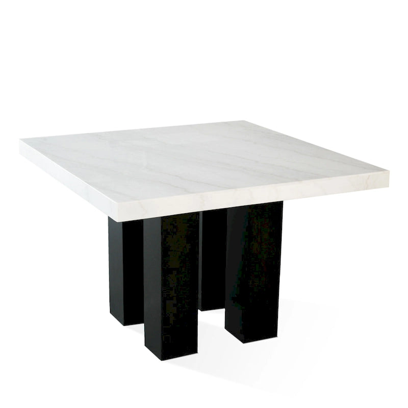 Table à manger carrée de 54 po – Plateau en marbre blanc, pieds poteaux espresso, 9 places