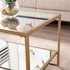 Table Basse Glam en Métal Doré avec Plateau en Verre et Étagère Miroir – Salon Moderne