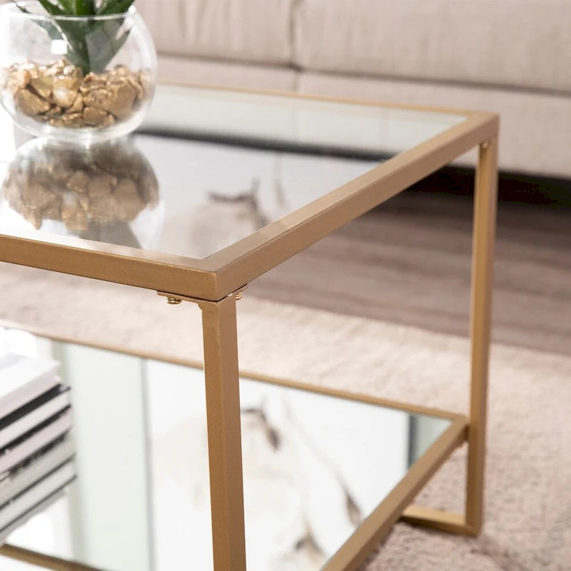 Table Basse Glam en Métal Doré avec Plateau en Verre et Étagère Miroir – Salon Moderne
