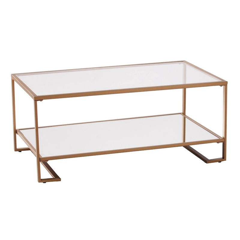 Table Basse Glam en Métal Doré avec Plateau en Verre et Étagère Miroir – Salon Moderne