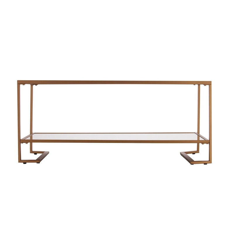 Table Basse Glam en Métal Doré avec Plateau en Verre et Étagère Miroir – Salon Moderne