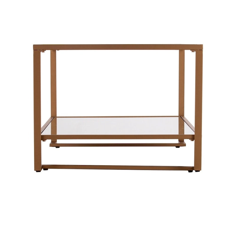 Table Basse Glam en Métal Doré avec Plateau en Verre et Étagère Miroir – Salon Moderne