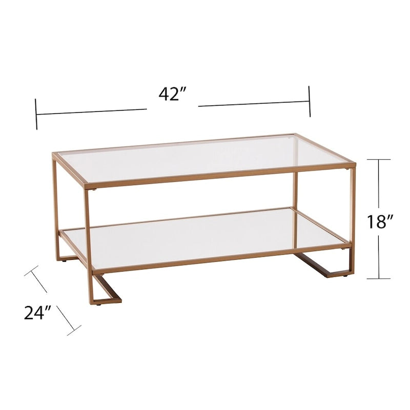 Table Basse Glam en Métal Doré avec Plateau en Verre et Étagère Miroir – Salon Moderne