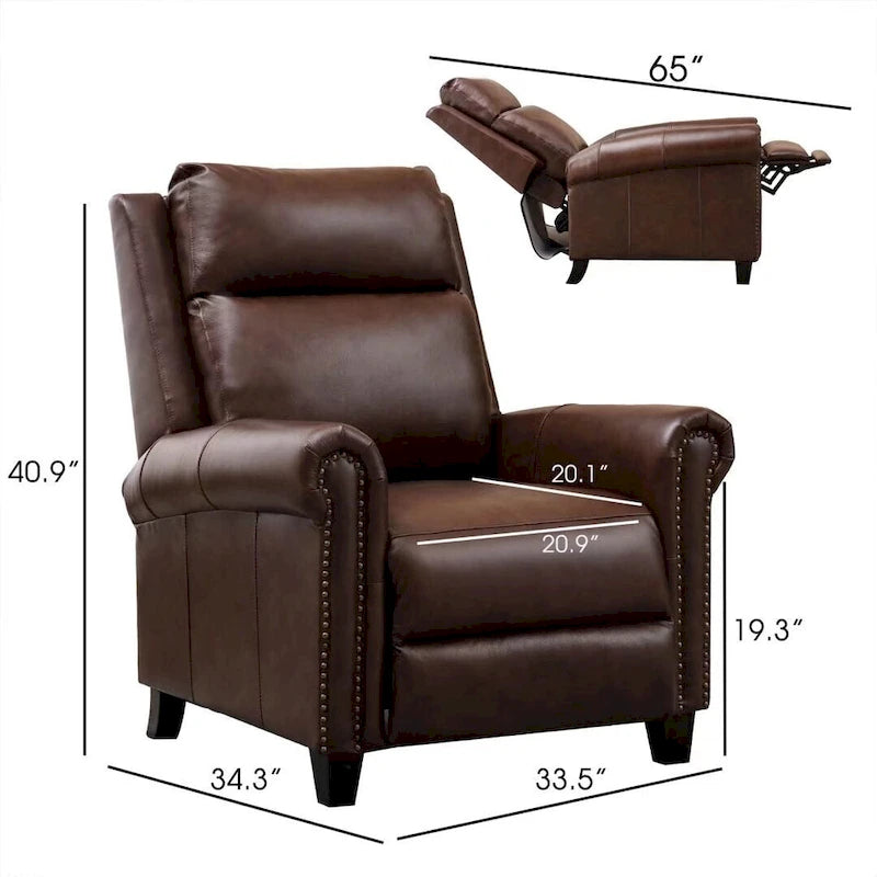 Fauteuil inclinable de club en cuir véritable – Clous décoratifs en laiton, capacité de 136 kg