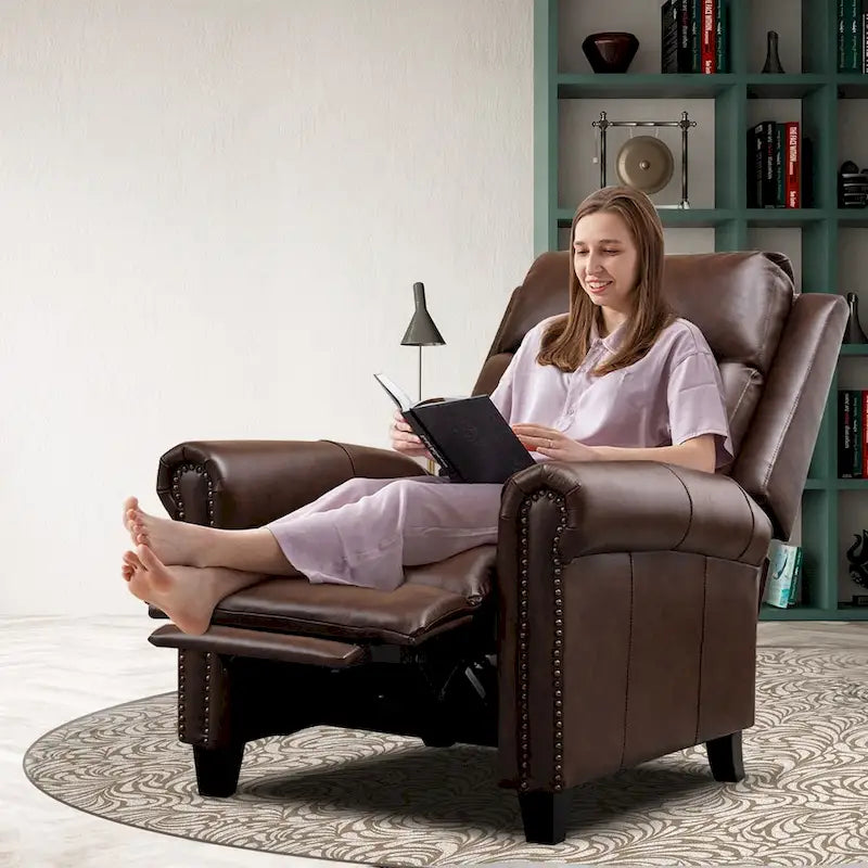 Fauteuil inclinable de club en cuir véritable – Clous décoratifs en laiton, capacité de 136 kg