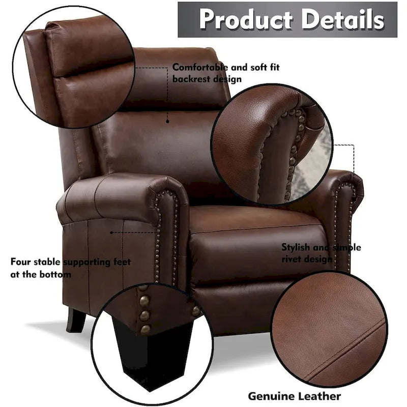 Fauteuil inclinable de club en cuir véritable – Clous décoratifs en laiton, capacité de 136 kg