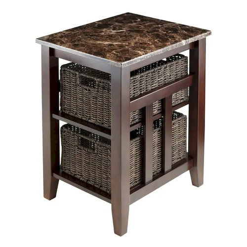 Zoey Accent Table with 2 Foldable Corn Husk Baskets, Faux Marble Top, Chocolate and Walnut - 16.54 x 20.08 x 25.04 inches