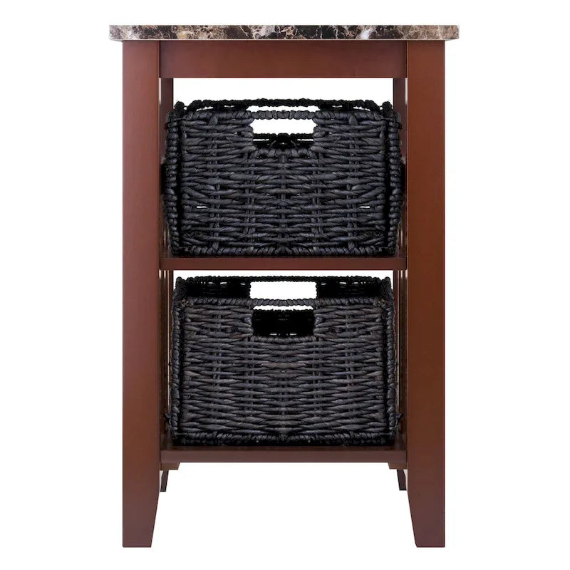 Table d'appoint avec 2 paniers pliables en écorce de maïs – Plateau aspect marbre, chocolat foncé et noyer, 42x51x63,5 cm
