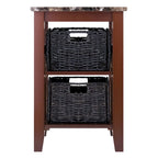 Table d'appoint avec 2 paniers pliables en écorce de maïs – Plateau aspect marbre, chocolat foncé et noyer, 42x51x63,5 cm