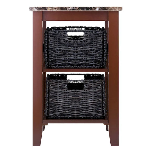 Table d'appoint avec 2 paniers pliables en écorce de maïs – Plateau aspect marbre, chocolat foncé et noyer, 42x51x63,5 cm