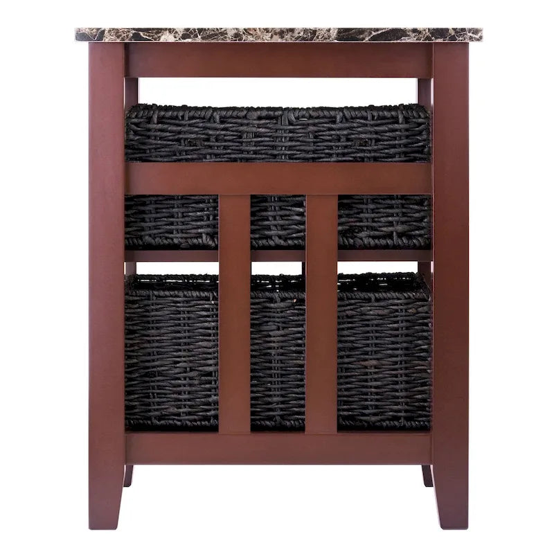 Table d'appoint avec 2 paniers pliables en écorce de maïs – Plateau aspect marbre, chocolat foncé et noyer, 42x51x63,5 cm