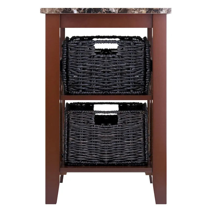 Table d'appoint avec 2 paniers pliables en écorce de maïs – Plateau aspect marbre, chocolat foncé et noyer, 42x51x63,5 cm