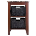 Table d'appoint avec 2 paniers pliables en écorce de maïs – Plateau aspect marbre, chocolat foncé et noyer, 42x51x63,5 cm