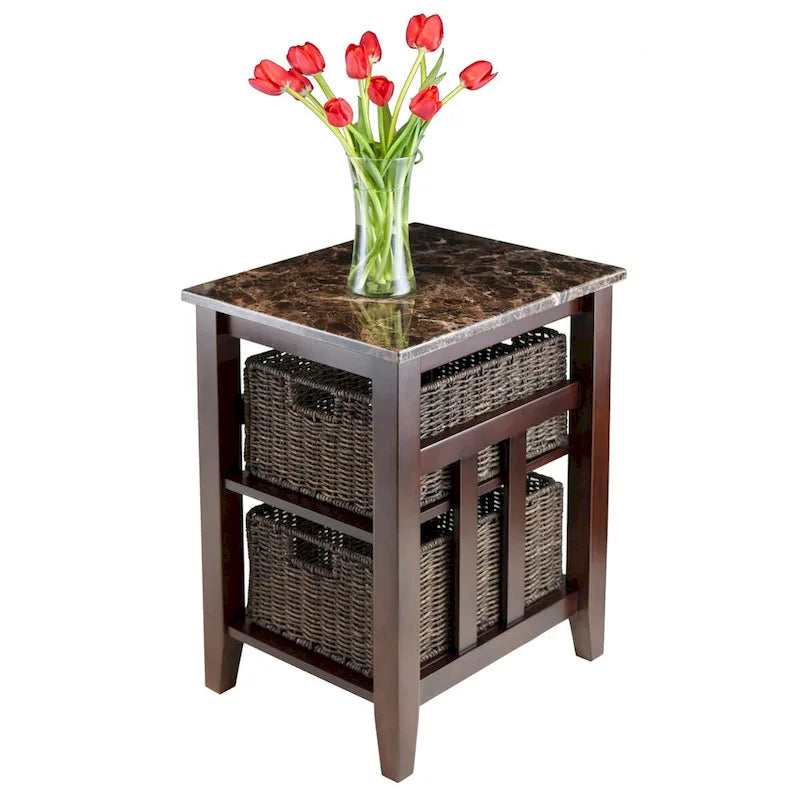 Table d'appoint avec 2 paniers pliables en écorce de maïs – Plateau aspect marbre, chocolat foncé et noyer, 42x51x63,5 cm