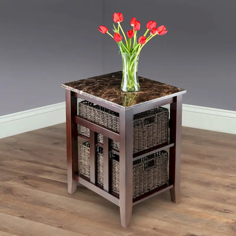 Table d'appoint avec 2 paniers pliables en écorce de maïs – Plateau aspect marbre, chocolat foncé et noyer, 42x51x63,5 cm