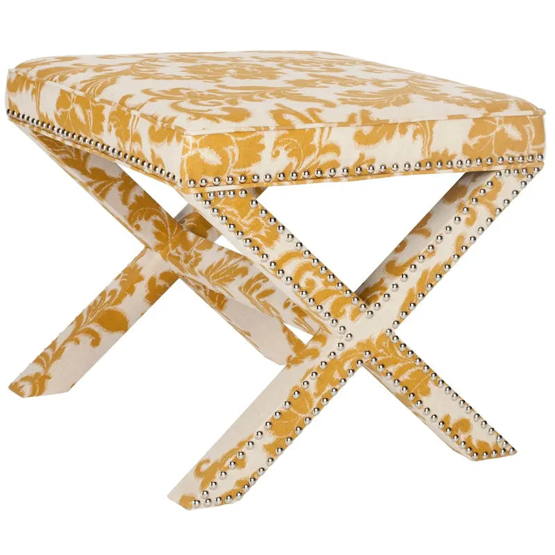 Repose-pieds banc touffeté – Tissu en mélange de laine Royal, Clous décoratifs argentés