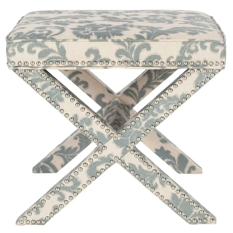 Repose-pieds banc touffeté – Tissu en mélange de laine Royal, Clous décoratifs argentés