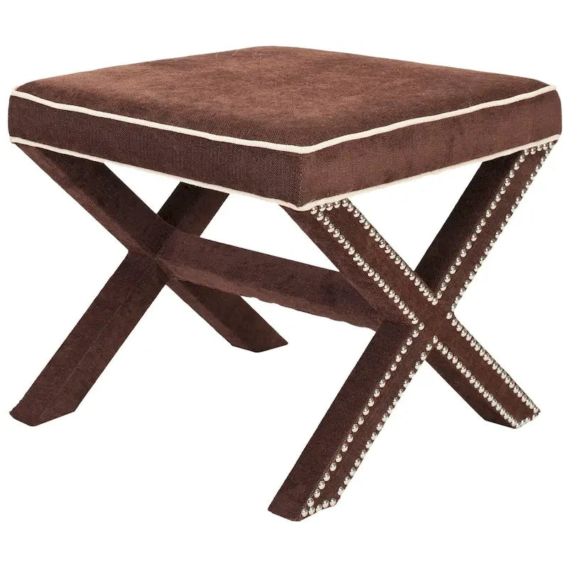 Repose-pieds banc touffeté – Tissu en mélange de laine Royal, Clous décoratifs argentés