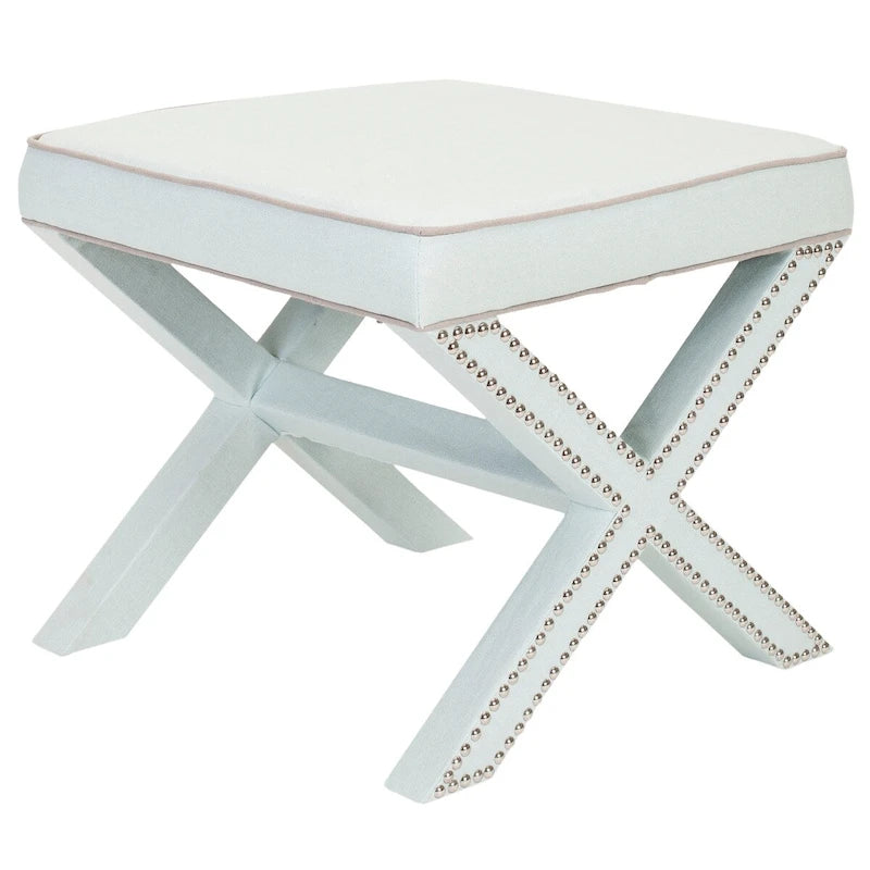 Repose-pieds banc touffeté – Tissu en mélange de laine Royal, Clous décoratifs argentés