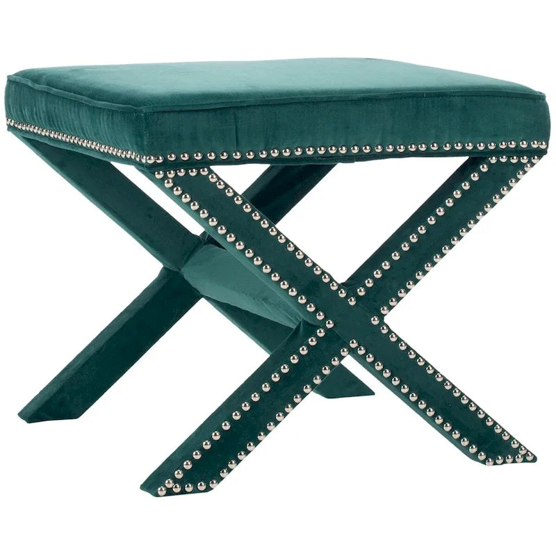 Repose-pieds banc touffeté – Tissu en mélange de laine Royal, Clous décoratifs argentés