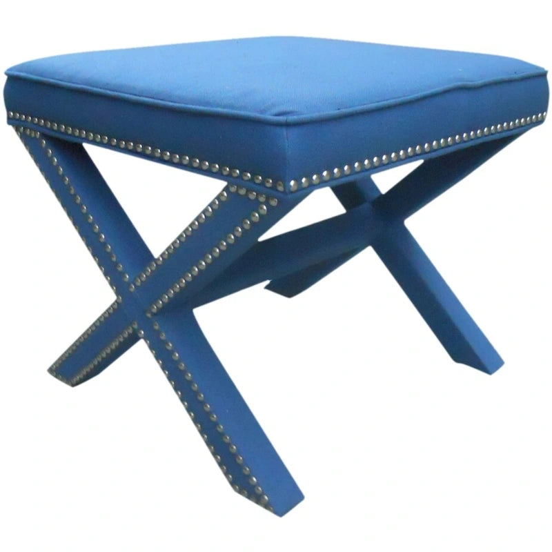 Repose-pieds banc touffeté – Tissu en mélange de laine Royal, Clous décoratifs argentés
