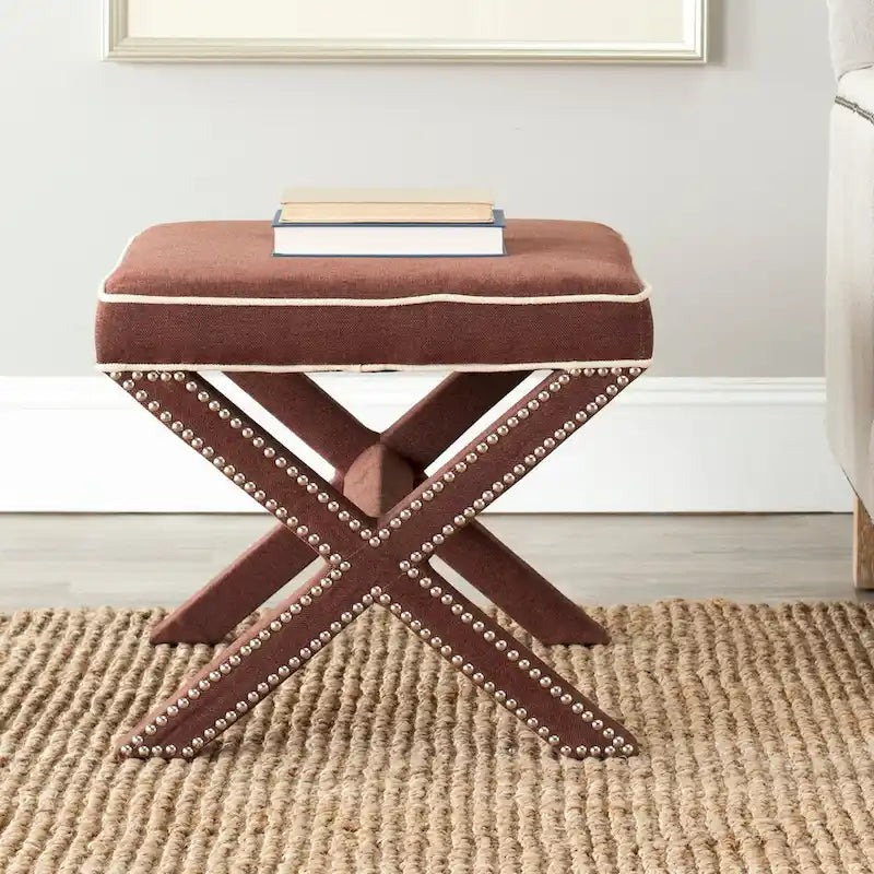 Repose-pieds banc touffeté – Tissu en mélange de laine Royal, Clous décoratifs argentés