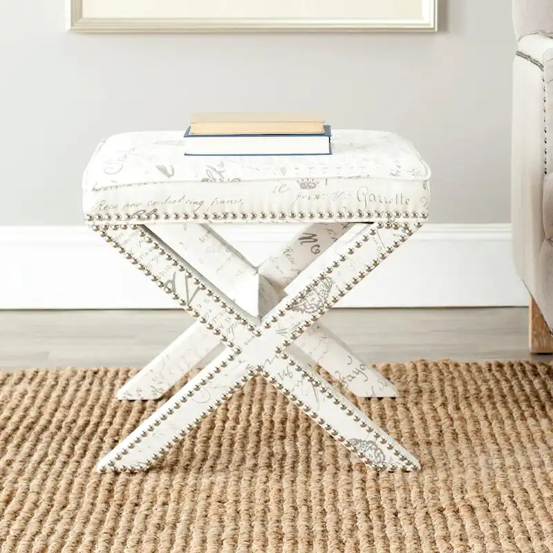 Repose-pieds banc touffeté – Tissu en mélange de laine Royal, Clous décoratifs argentés