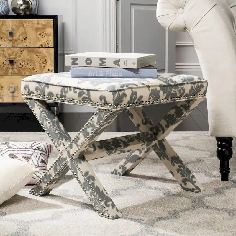 Repose-pieds banc touffeté – Tissu en mélange de laine Royal, Clous décoratifs argentés