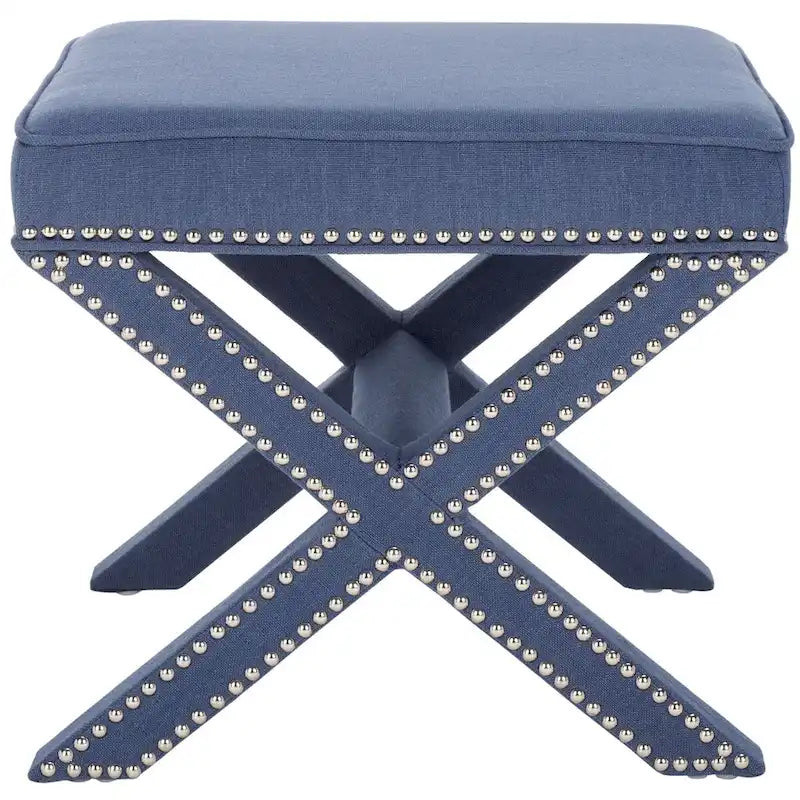 Repose-pieds banc touffeté – Tissu en mélange de laine Royal, Clous décoratifs argentés