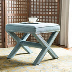 Repose-pieds banc touffeté – Tissu en mélange de laine Royal, Clous décoratifs argentés