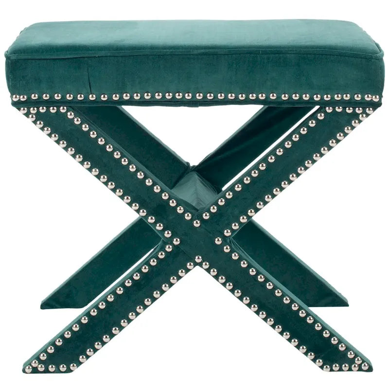 Repose-pieds banc touffeté – Tissu en mélange de laine Royal, Clous décoratifs argentés