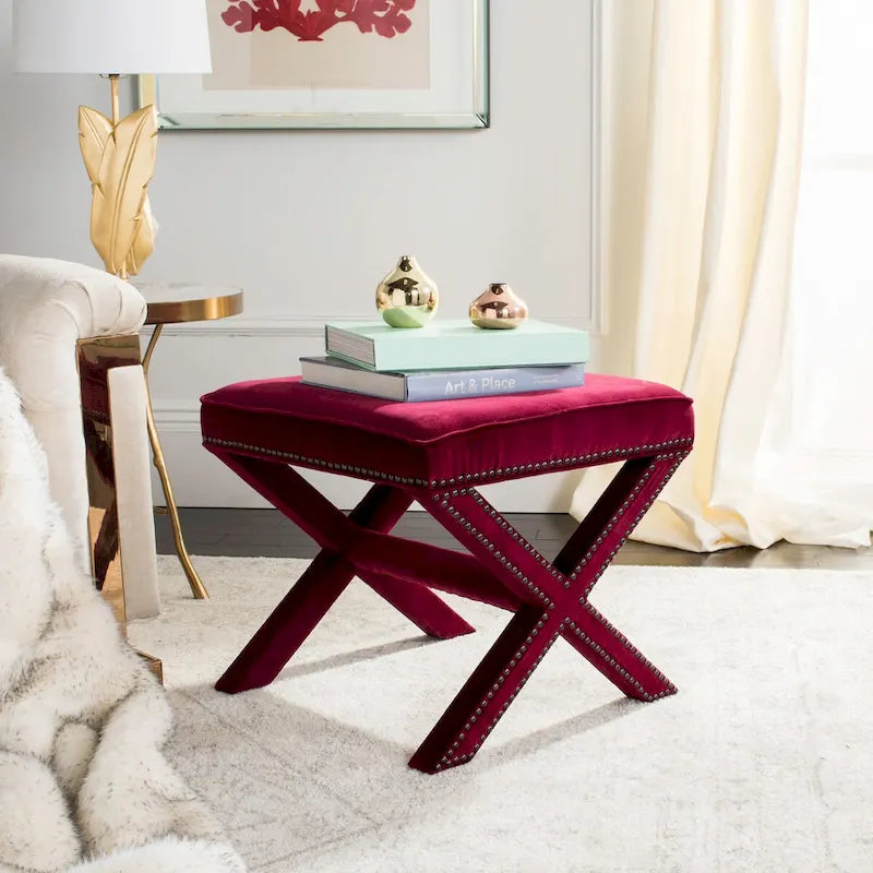 Repose-pieds banc touffeté – Tissu en mélange de laine Royal, Clous décoratifs argentés