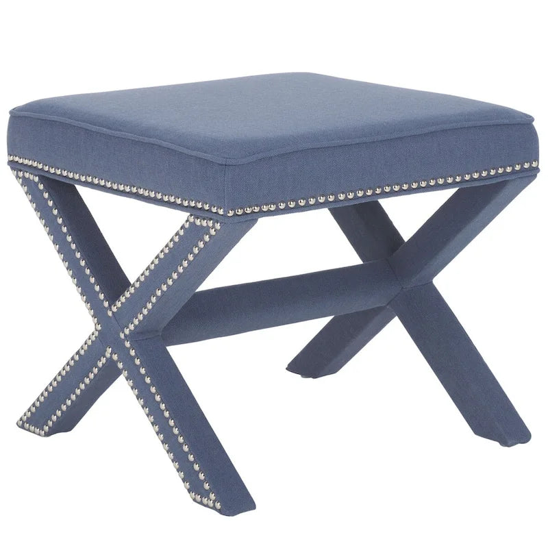 Repose-pieds banc touffeté – Tissu en mélange de laine Royal, Clous décoratifs argentés