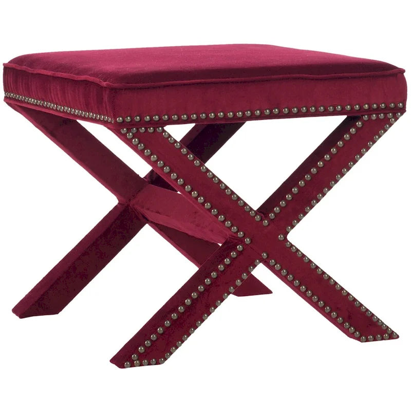 Repose-pieds banc touffeté – Tissu en mélange de laine Royal, Clous décoratifs argentés