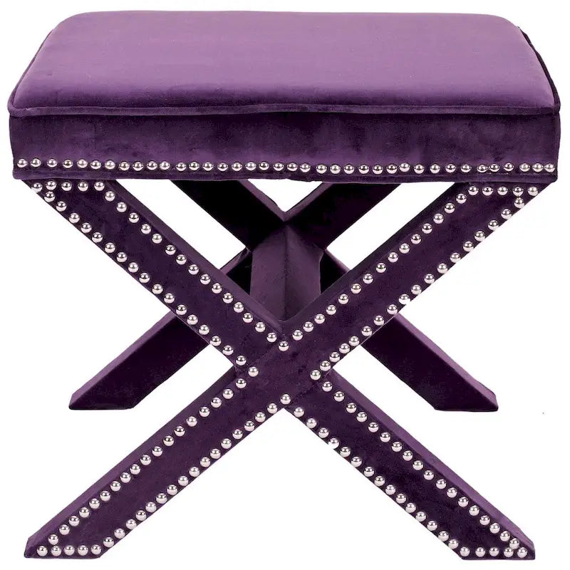 Repose-pieds banc touffeté – Tissu en mélange de laine Royal, Clous décoratifs argentés