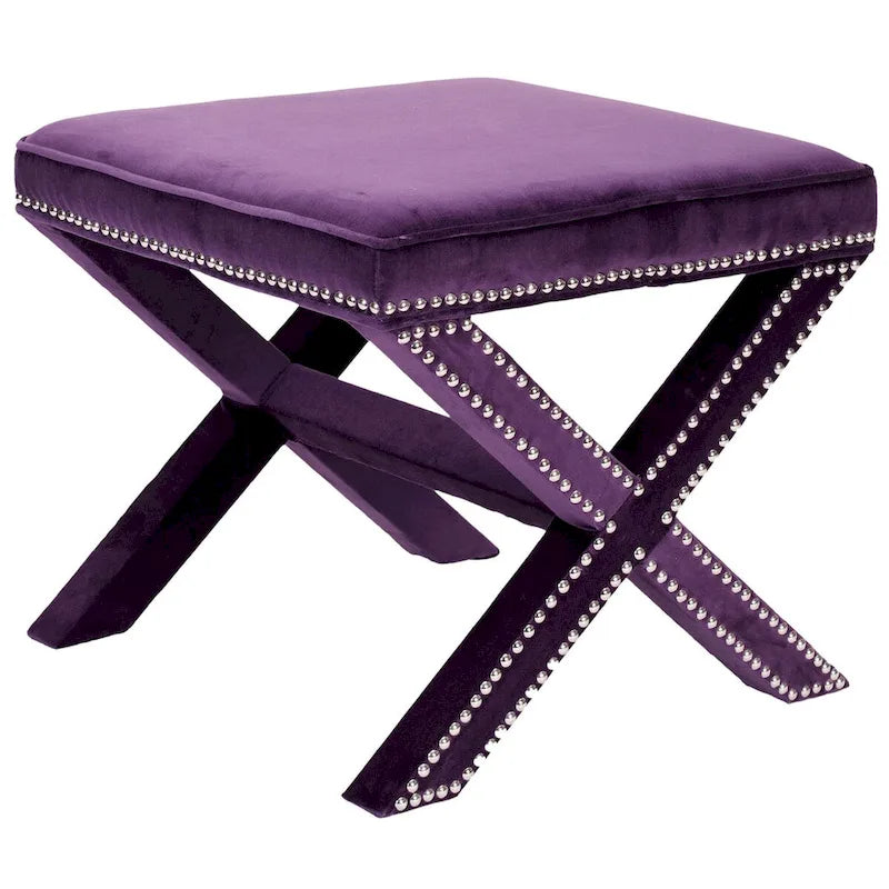 Repose-pieds banc touffeté – Tissu en mélange de laine Royal, Clous décoratifs argentés