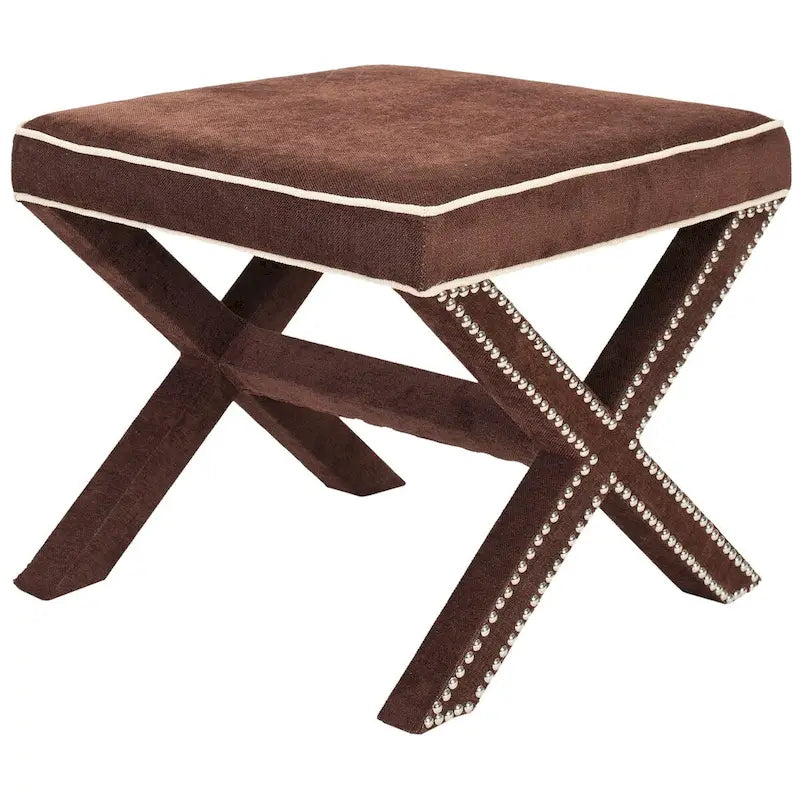 Repose-pieds banc touffeté – Tissu en mélange de laine Royal, Clous décoratifs argentés