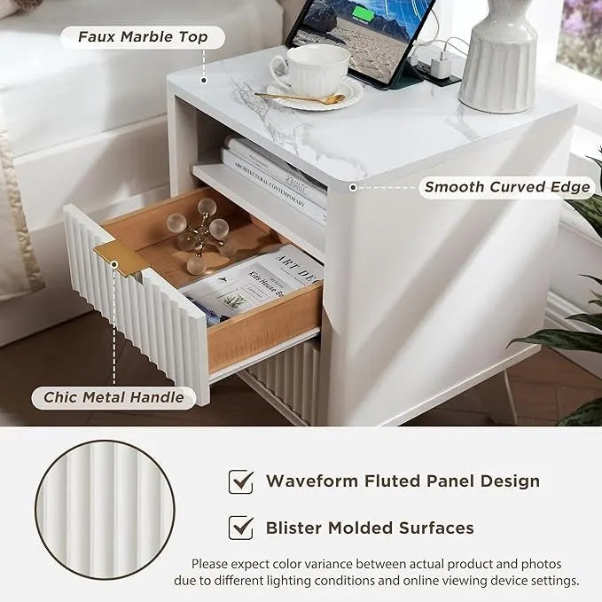 Modern Fluted Nightstand with Faux Marble Top, Side Table, End Table