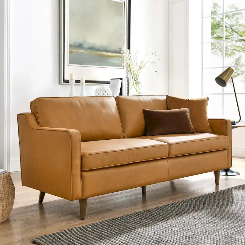 Canapé en cuir pleine fleur de style Mid-Century Modern – Structure en bois d'hévéa, suspension à ressorts, mousse haute densité
